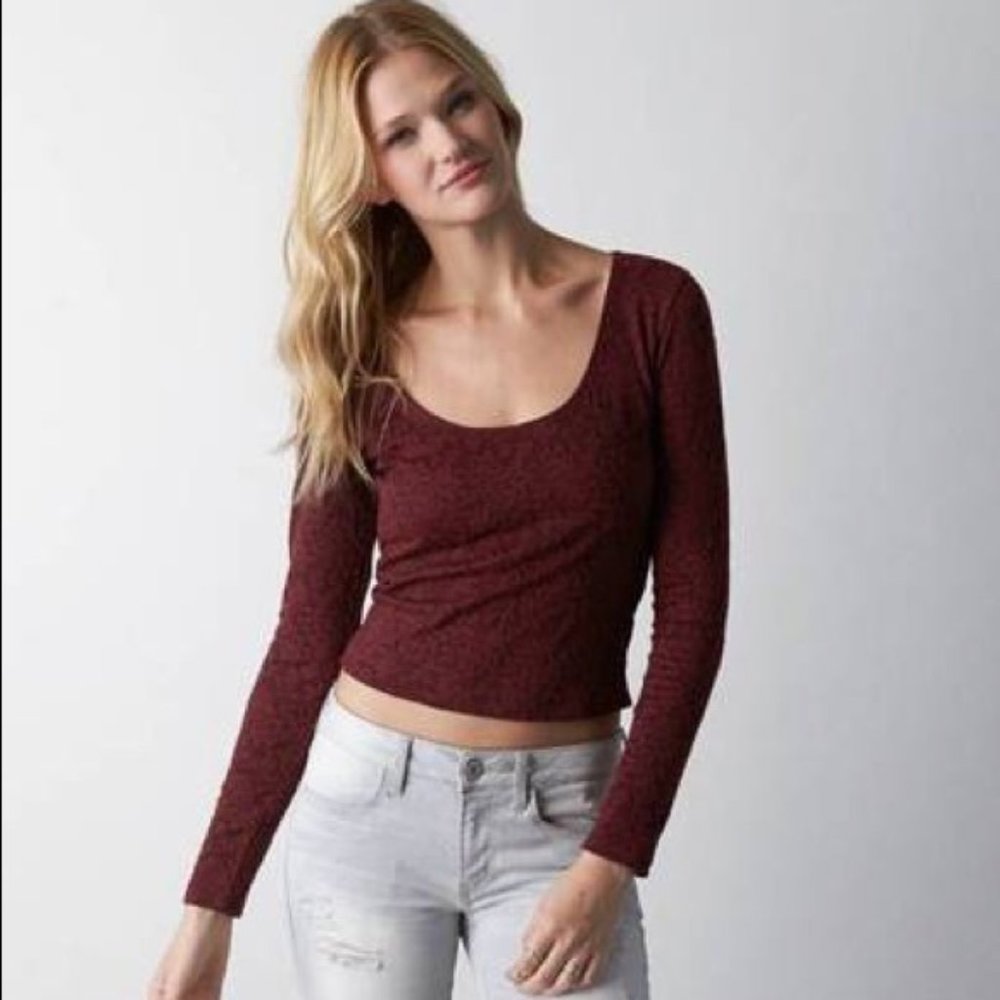 American Eagle Maroon Long Sleeved Lace Cropped Top, Size S